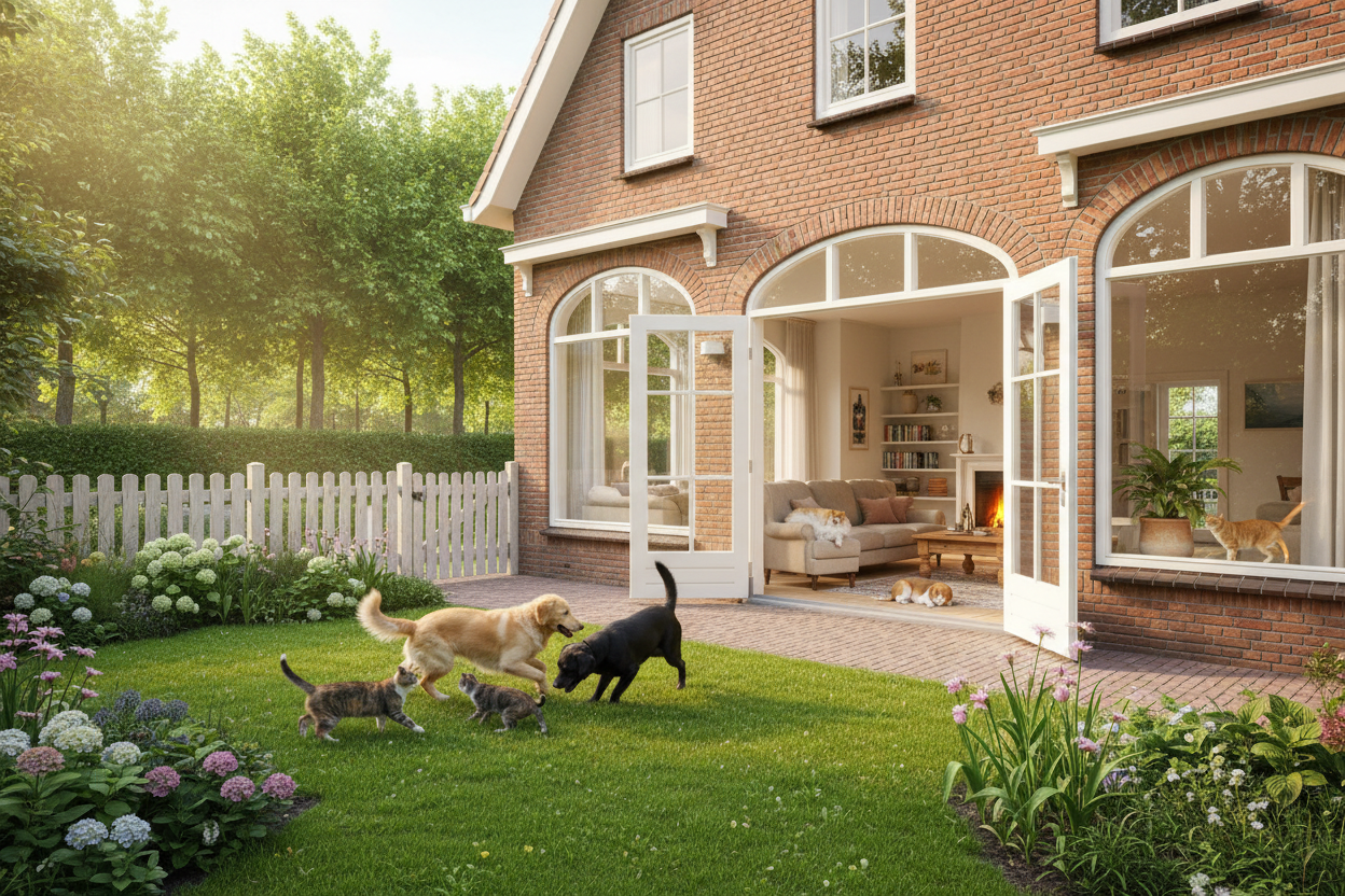 Kan je een foto creeeren in een eengezinswoning tuin (Nederland stijl huisdieren zijn in het tuin en in de woonkamer zeg maar